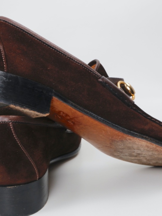 Gucci Vintage  Mens Brown Suede Horsebit Loafers Gold Bit Made In Italy Size 7.5